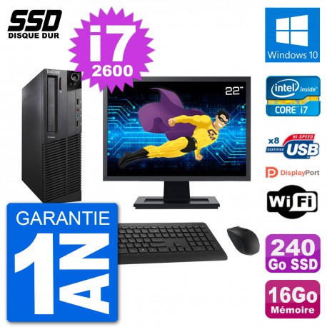 PC Lenovo M92p SFF Ecran 22" Intel i7-2600 RAM 16Go SSD 240Go Windows 10 Wifi