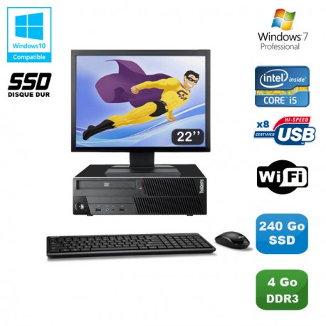 PC Lenovo M90P 5864 Core i5-650 3.2GHz 4Go 240Go SSD Graveur WIFI W7 + Ecran 22"