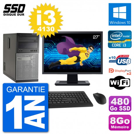 PC Tour Dell 7020 Ecran 27" Intel Core i3-4130 RAM 8Go SSD 480Go Windows 10 Wifi