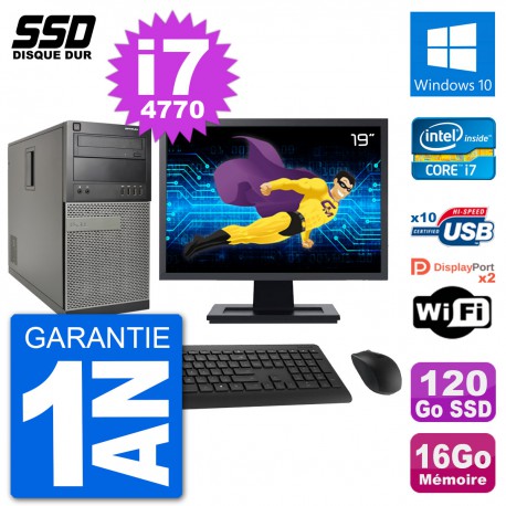 PC Tour Dell 7020 Ecran 19" Intel i7-4770 RAM 16Go SSD 120Go Windows 10 Wifi