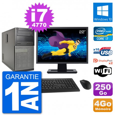 PC Tour Dell 7020 Ecran 22" Intel i7-4770 RAM 4Go Disque 250Go Windows 10 Wifi