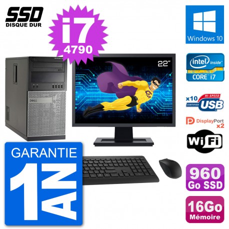 PC Tour Dell 7020 Ecran 22" Intel i7-4790 RAM 16Go SSD 960Go Windows 10 Wifi