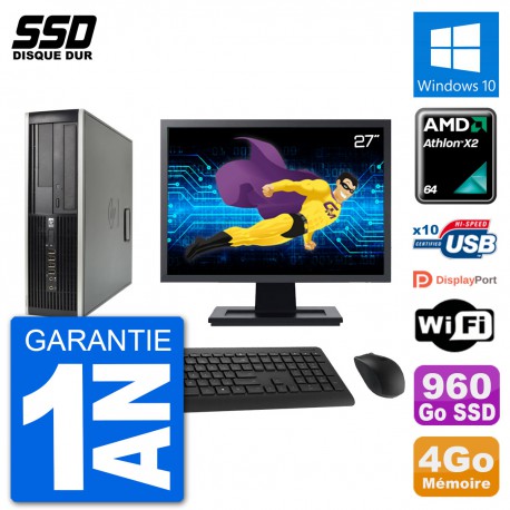 PC HP 6005 SFF Ecran 27" AMD Athlon II X2 B24 RAM 4Go SSD 960Go Windows 10 Wifi