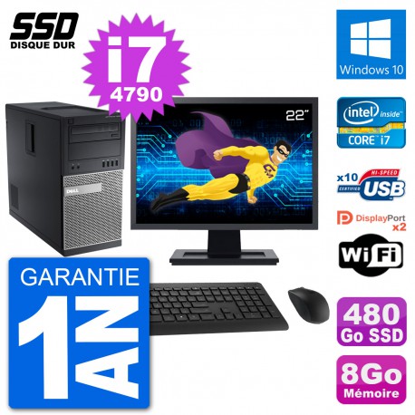 PC Tour Dell 9020 Ecran 22" Intel Core i7-4790 RAM 8Go SSD 480Go Windows 10 Wifi