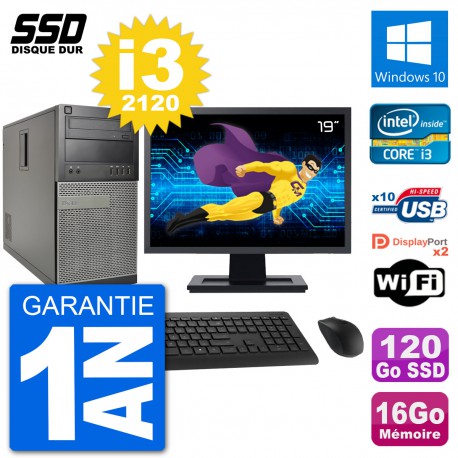 PC Tour Dell 7010 Ecran 19" Intel i3-2120 RAM 16Go SSD 120Go Windows 10 Wifi