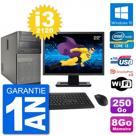 PC Tour Dell 7010 Ecran 22" Intel i3-2120 RAM 8Go Disque 250Go Windows 10 Wifi