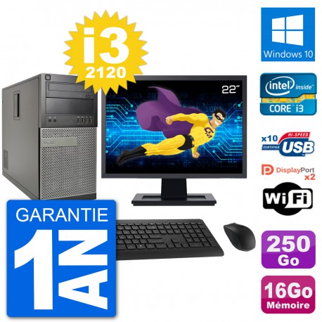 PC Tour Dell 7010 Ecran 22" Intel i3-2120 RAM 16Go Disque 250Go Windows 10 Wifi