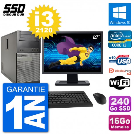 PC Tour Dell 7010 Ecran 27" Intel i3-2120 RAM 16Go SSD 240Go Windows 10 Wifi