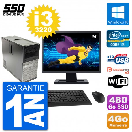 PC Tour Dell 7010 Ecran 19" Intel Core i3-3220 RAM 4Go SSD 480Go Windows 10 Wifi