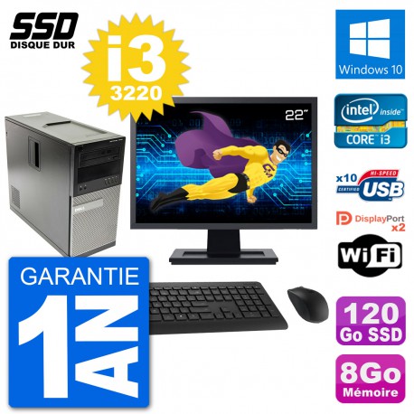 PC Tour Dell 7010 Ecran 22" Intel Core i3-3220 RAM 8Go SSD 120Go Windows 10 Wifi