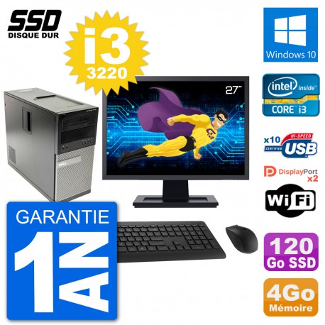 PC Tour Dell 7010 Ecran 27" Intel Core i3-3220 RAM 4Go SSD 120Go Windows 10 Wifi