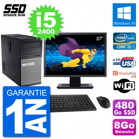 PC Tour Dell 7010 Ecran 27" Intel Core i5-2400 RAM 8Go SSD 480Go Windows 10 Wifi