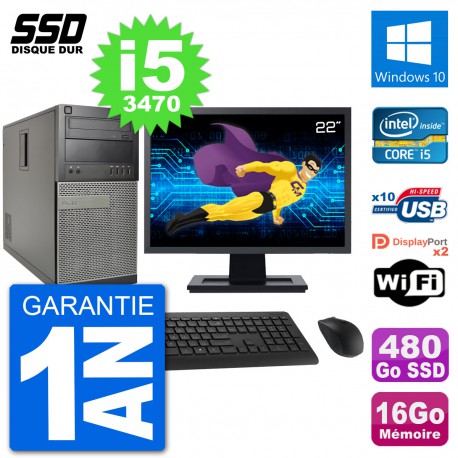 PC Tour Dell 7010 Ecran 22" Intel i5-3470 RAM 16Go SSD 480Go Windows 10 Wifi