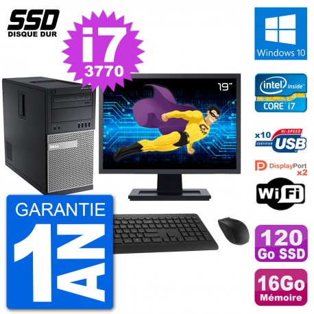 PC Tour Dell 7010 Ecran 19" Intel i7-3770 RAM 16Go SSD 120Go Windows 10 Wifi