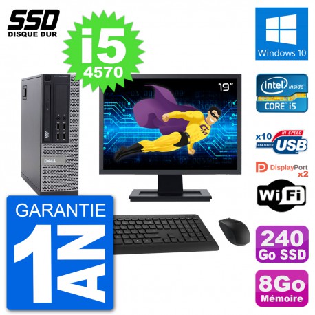 PC Dell 9020 SFF Ecran 19" Intel Core i5-4570 RAM 8Go SSD 240Go Windows 10 Wifi