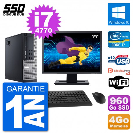 PC Dell 9020 SFF Ecran 19" Intel Core i7-4770 RAM 4Go SSD 960Go Windows 10 Wifi