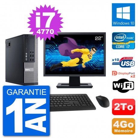 PC Dell 9020 SFF Ecran 22" Intel i7-4770 RAM 4Go Disque 2To Windows 10 Wifi