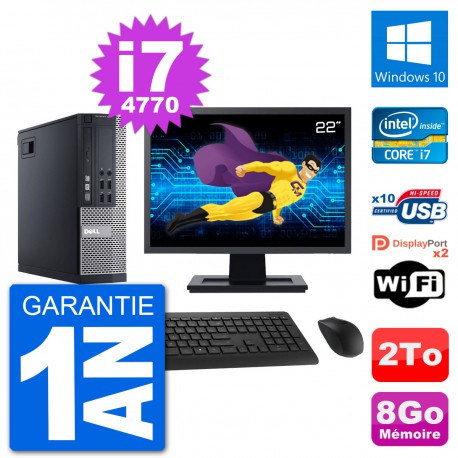 PC Dell 9020 SFF Ecran 22" Intel i7-4770 RAM 8Go Disque 2To Windows 10 Wifi