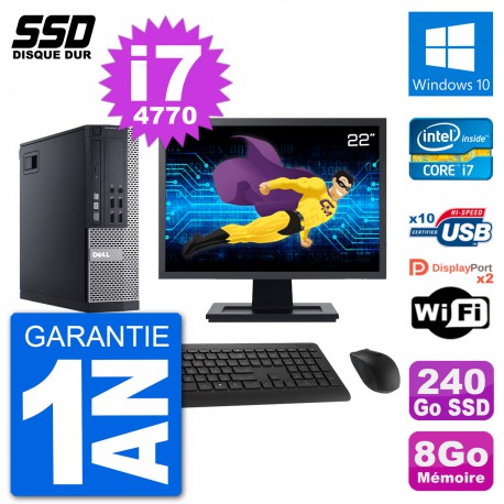 PC Dell 9020 SFF Ecran 22" Intel Core i7-4770 RAM 8Go SSD 240Go Windows 10 Wifi