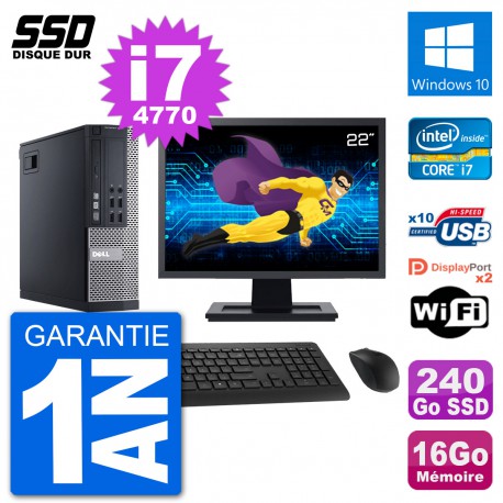 PC Dell 9020 SFF Ecran 22" Intel i7-4770 RAM 16Go SSD 240Go Windows 10 Wifi