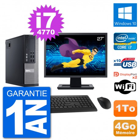 PC Dell 9020 SFF Ecran 27" Intel i7-4770 RAM 4Go Disque 1To Windows 10 Wifi