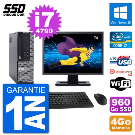 PC Dell 9020 SFF Ecran 19" Intel Core i7-4790 RAM 4Go SSD 960Go Windows 10 Wifi