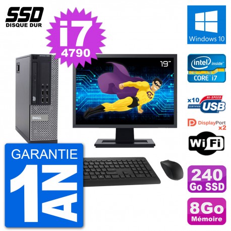 PC Dell 9020 SFF Ecran 19" Intel Core i7-4790 RAM 8Go SSD 240Go Windows 10 Wifi