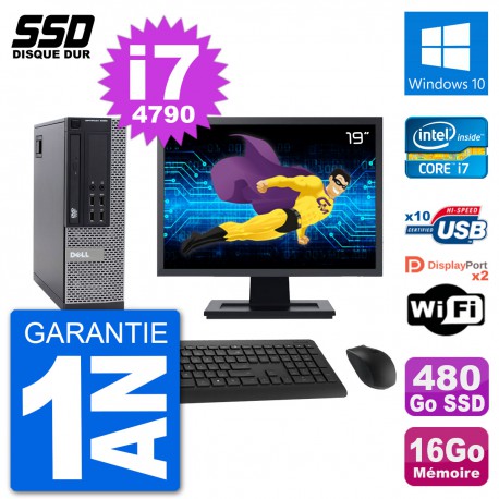 PC Dell 9020 SFF Ecran 19" Intel i7-4790 RAM 16Go SSD 480Go Windows 10 Wifi