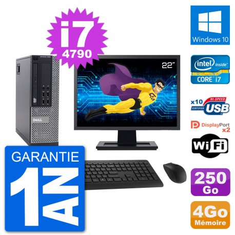 PC Dell 9020 SFF Ecran 22" Intel i7-4790 RAM 4Go Disque 250Go Windows 10 Wifi