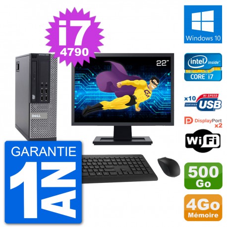 PC Dell 9020 SFF Ecran 22" Intel i7-4790 RAM 4Go Disque 500Go Windows 10 Wifi