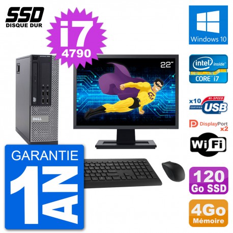 PC Dell 9020 SFF Ecran 22" Intel Core i7-4790 RAM 4Go SSD 120Go Windows 10 Wifi