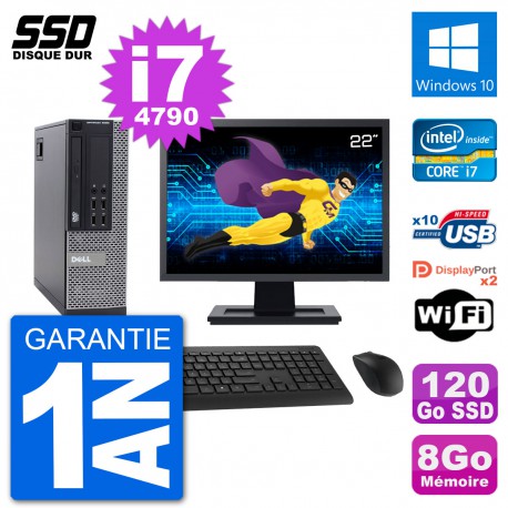 PC Dell 9020 SFF Ecran 22" Intel Core i7-4790 RAM 8Go SSD 120Go Windows 10 Wifi