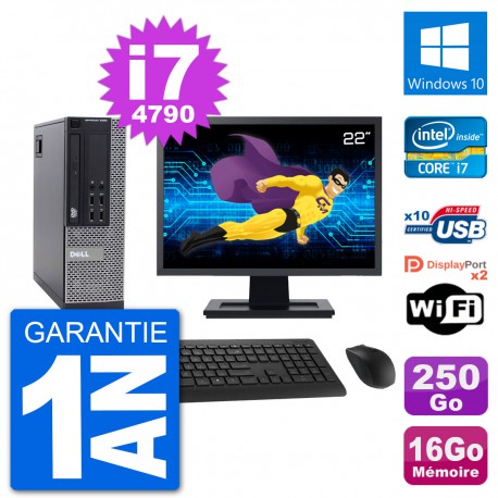 PC Dell 9020 SFF Ecran 22" Intel i7-4790 RAM 16Go Disque 250Go Windows 10 Wifi