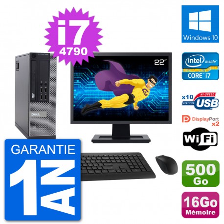 PC Dell 9020 SFF Ecran 22" Intel i7-4790 RAM 16Go Disque 500Go Windows 10 Wifi