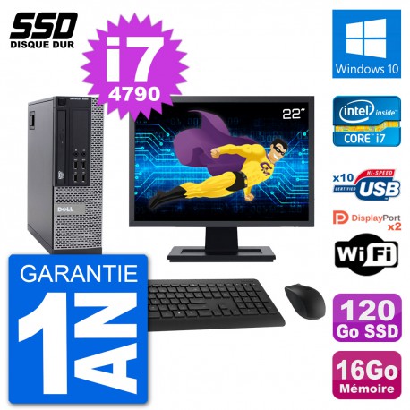 PC Dell 9020 SFF Ecran 22" Intel i7-4790 RAM 16Go SSD 120Go Windows 10 Wifi