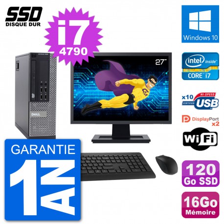 PC Dell 9020 SFF Ecran 27" Intel i7-4790 RAM 16Go SSD 120Go Windows 10 Wifi