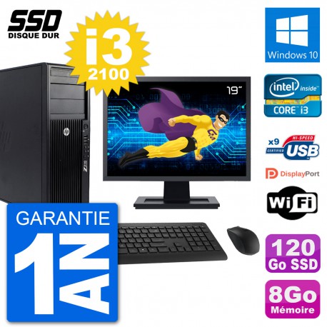 PC Tour HP Z210 Ecran 19" Intel i3-2100 RAM 8Go SSD 120Go Windows 10 Wifi