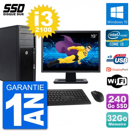 PC Tour HP Z210 Ecran 19" Intel i3-2100 RAM 32Go SSD 240Go Windows 10 Wifi