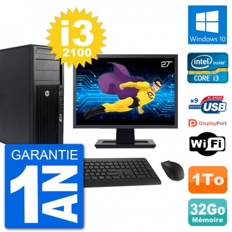 PC Tour HP Z210 Ecran 27" Intel i3-2100 RAM 32Go Disque Dur 1To Windows 10 Wifi