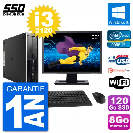 PC HP Compaq 6200 Pro SFF Ecran 22" i3-2120 RAM 8Go SSD 120Go Windows 10 Wifi