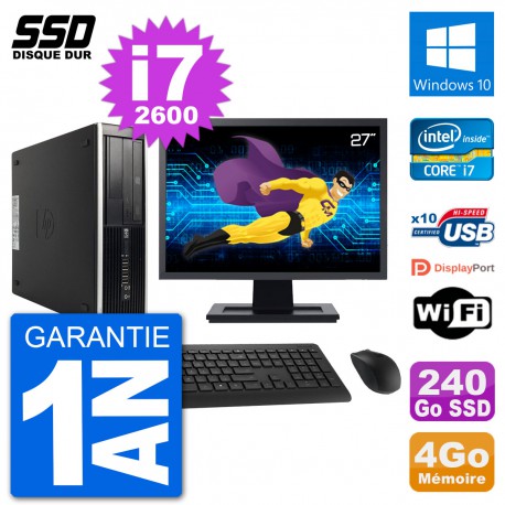 PC HP Compaq 6200 Pro SFF Ecran 27" i7-2600 RAM 4Go SSD 240Go Windows 10 Wifi