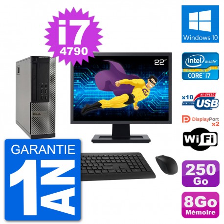 PC Dell 7020 SFF Ecran 22" Intel i7-4790 RAM 8Go Disque 250Go Windows 10 Wifi