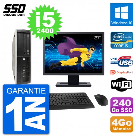 PC HP Compaq Pro 6300 SFF Ecran 27" i5-2400 RAM 4Go SSD 240Go Windows 10 Wifi