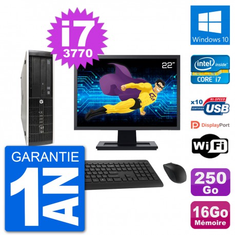 PC HP Compaq Pro 6300 SFF Ecran 22" Intel i7-3770 RAM 16Go 250Go Windows 10 Wifi