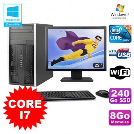 Lot PC Tour HP Elite 8200 Core I7 3,4Ghz 8Go 240Go SSD Graveur WIFI W7 + Ecran 22