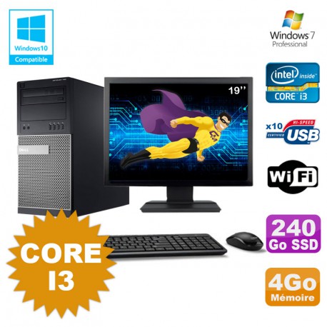 Lot PC Tour Dell 790 Core I3 3.1Ghz 4Go 240Go SSD DVD WIFI Win 7 + Ecran 19"